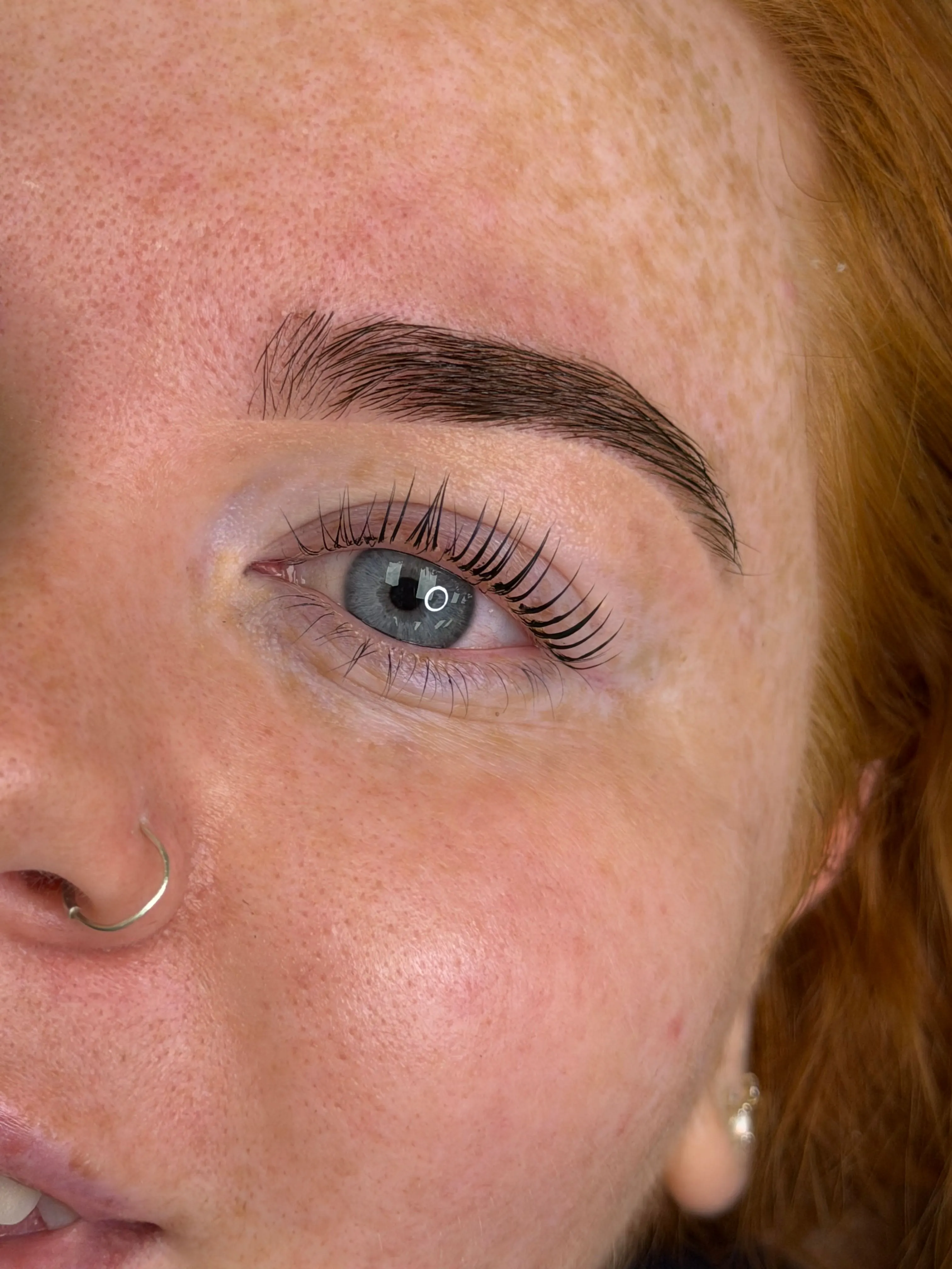 Close-up of a lash lift and tidied brow, freshly finished at the studio